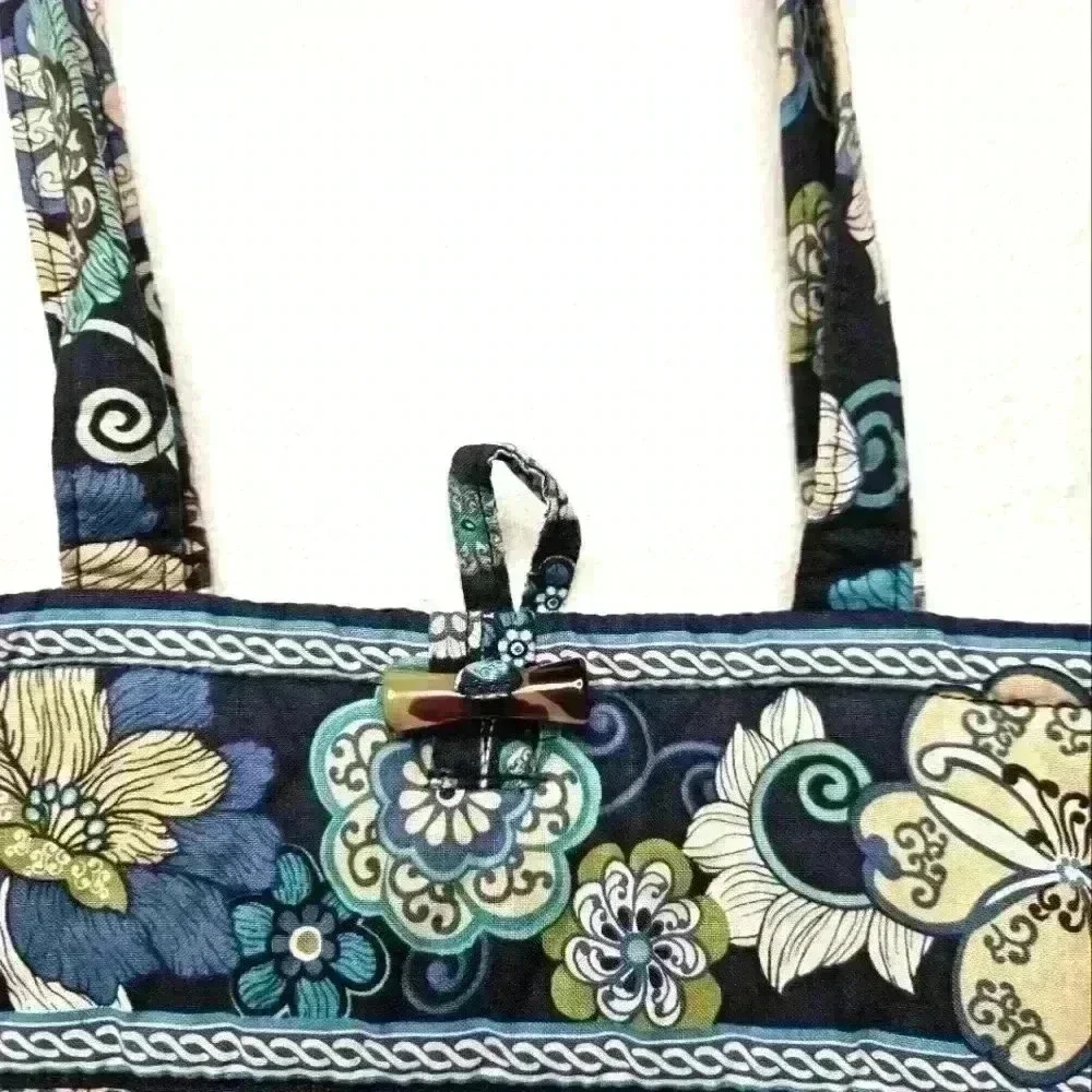 Vera Bradley Blue Cream Floral Cotton Large Tote Very Good Condition
